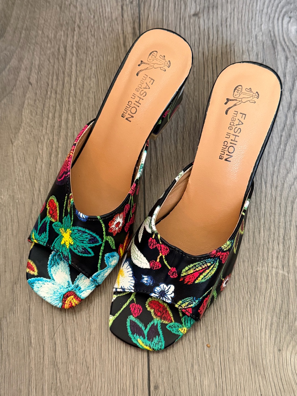 Floral Embroidered Black Slide Mules